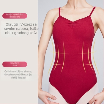 Baletno žensko body s otvorenim leđima i trakama — kefirani pamuk 92%, podstava najlon 80%; za odrasle žene, ljeto; pogodno za balet i moderni ples