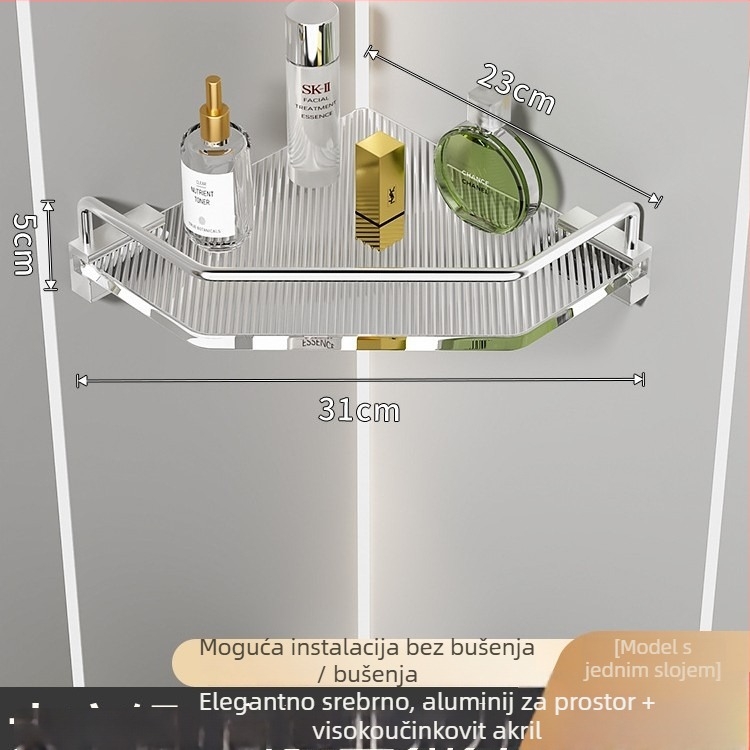 Akrilna kutna polica za kupaonicu, trokutasti dizajn, aluminijska legura, oksidirani završetak, šestodijelni set