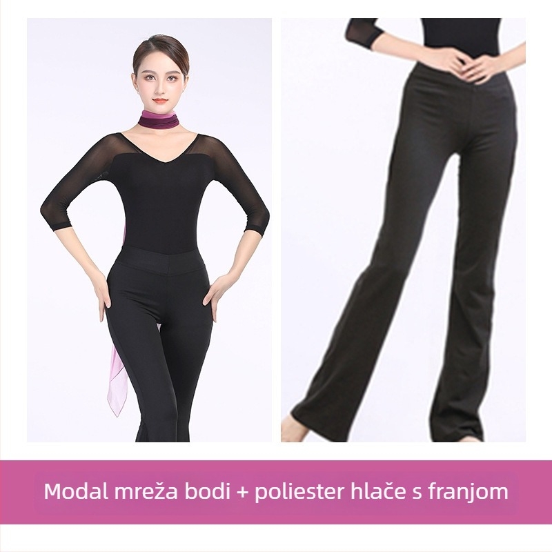 Dječji jednodjelni kostim za moderne plesne vježbe — Modal tkanina, podstava Milk Silk, V-izrez, jednodjelni kroj, pogodan za balet i narodne plesove, za sve sezone (Modal 93%, podstava 93% poliester)