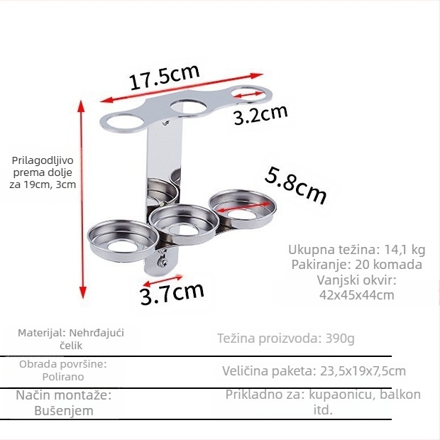 Stalak od nehrđajućeg čelika za zidnu bočicu za sapun, gel za ruke, šampon i regenerator; mehanički mehanizam za ručno pritiskanje; moderan minimalistički dizajn; težina 0,35 kg; pogodno za hotele, stanove i kupaonice.