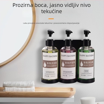 Zidni dozator za sapun bez bušenja – ručno pritiskanje; za hotelsku kupaonicu; dozira sapun, dezinfekcijsko sredstvo, šampon i gel za tuširanje; plastično kućište.