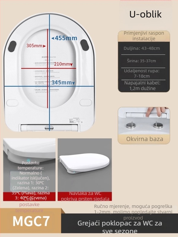 Grijano WC sjedalo s inteligentnim upravljanjem temperaturom, samočišćujuća mlaznica, pranje stražnjice i ženskog područja, model MGC1, PP materijal, podjela konstrukcije, sifonsko ispiranje