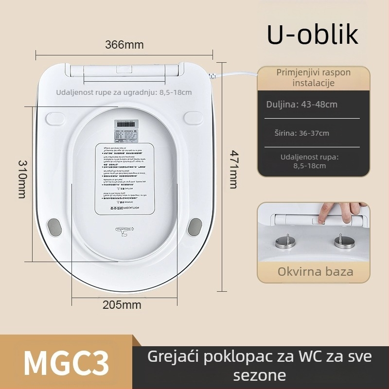 Grijano WC sjedalo s inteligentnim upravljanjem temperaturom, samočišćujuća mlaznica, pranje stražnjice i ženskog područja, model MGC1, PP materijal, podjela konstrukcije, sifonsko ispiranje