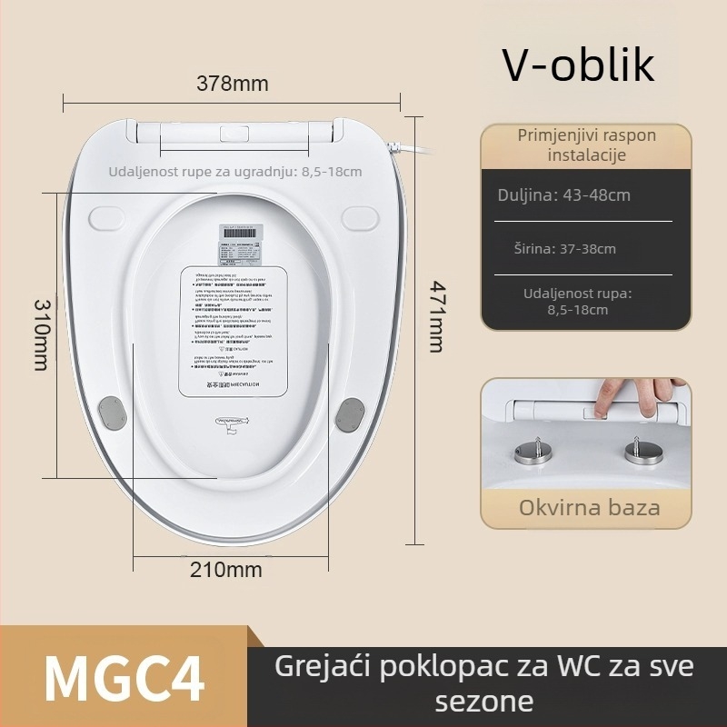 Grijano WC sjedalo s inteligentnim upravljanjem temperaturom, samočišćujuća mlaznica, pranje stražnjice i ženskog područja, model MGC1, PP materijal, podjela konstrukcije, sifonsko ispiranje