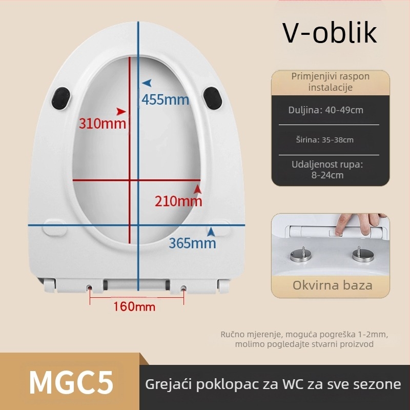 Grijano WC sjedalo s inteligentnim upravljanjem temperaturom, samočišćujuća mlaznica, pranje stražnjice i ženskog područja, model MGC1, PP materijal, podjela konstrukcije, sifonsko ispiranje