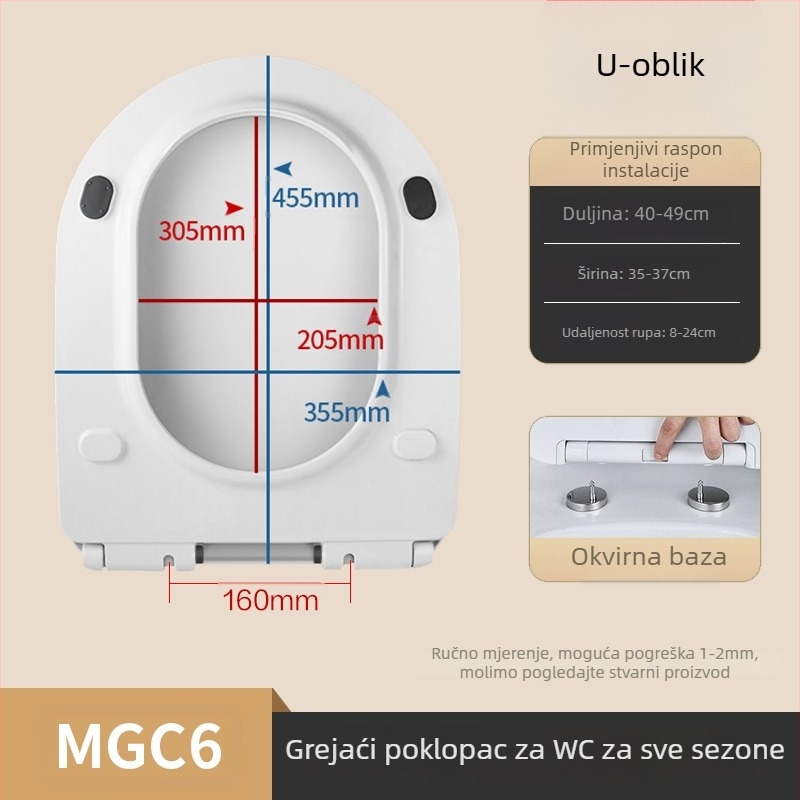 Grijano WC sjedalo s inteligentnim upravljanjem temperaturom, samočišćujuća mlaznica, pranje stražnjice i ženskog područja, model MGC1, PP materijal, podjela konstrukcije, sifonsko ispiranje