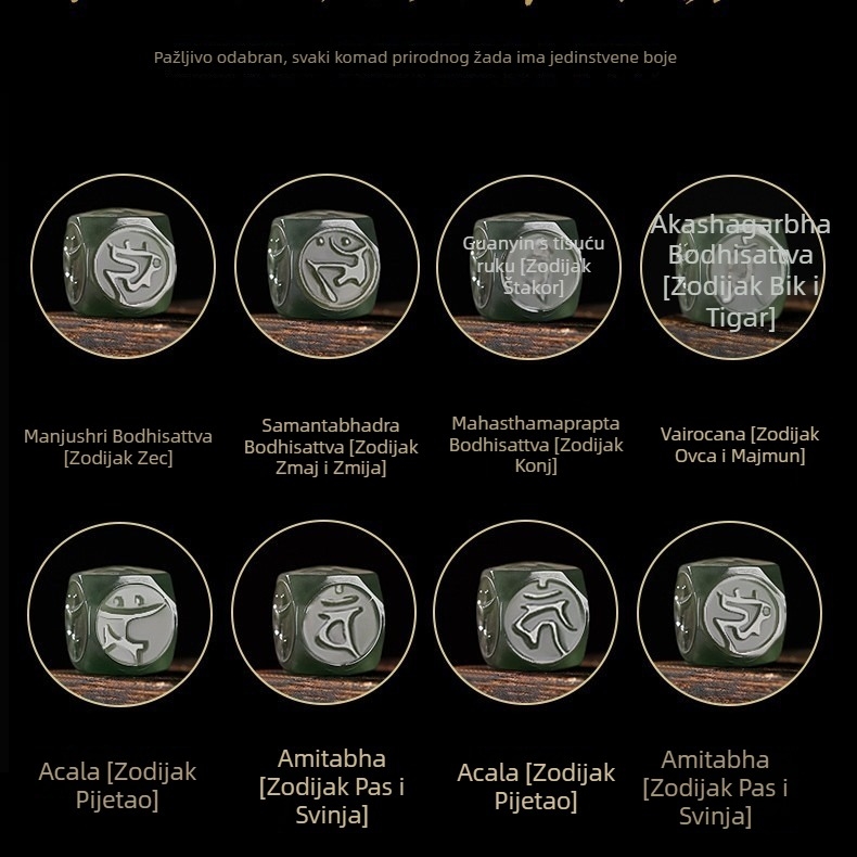 Unisex narukvica od Hetian jade, ručna izrada, porijeklo Xinjiang, razasute perle, Qingya Jewelry, Motivi dvanaest znamenja zodijaka i Budde
