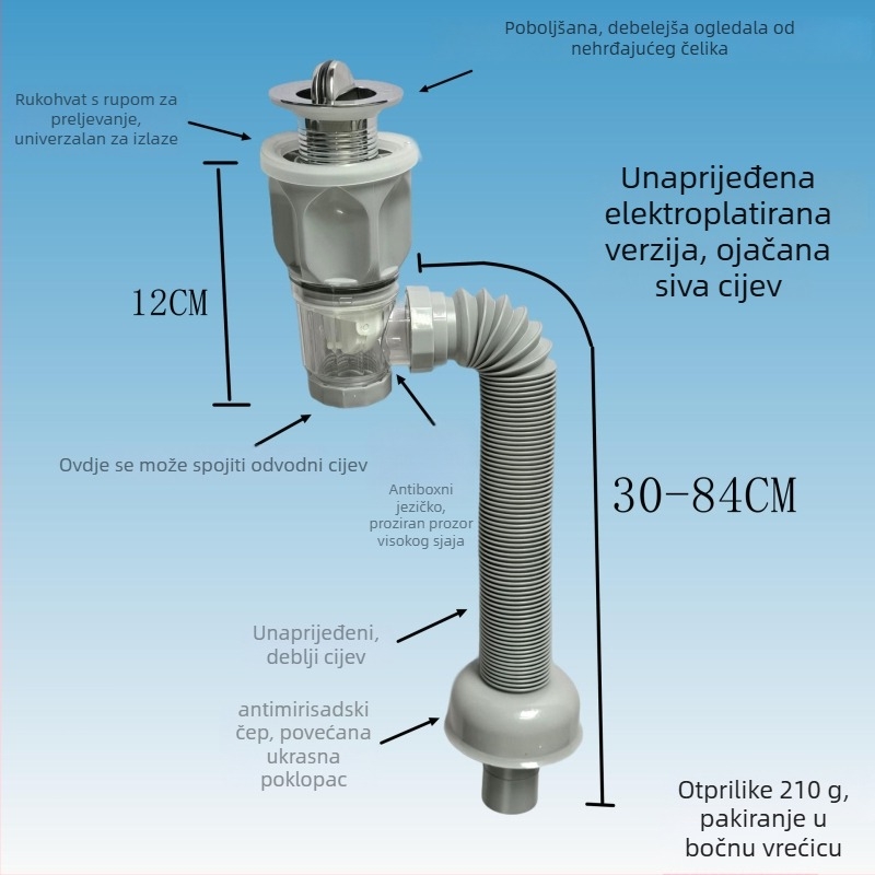 Plastični set odvoda za umivaonik: S-oblika, flip tip, otporan na mirise, moderni minimalistički stil