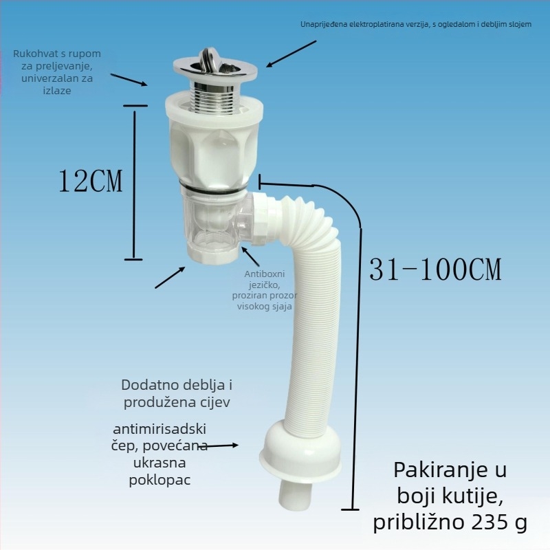 Plastični set odvoda za umivaonik: S-oblika, flip tip, otporan na mirise, moderni minimalistički stil