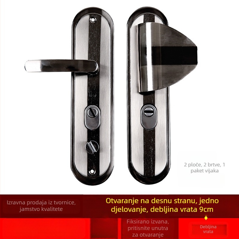 Kvaka za vrata s bravom – Model 939013, željezni panel, ručica od aluminijske legure, debljina ploče 1 mm, razmak rupa 235 mm