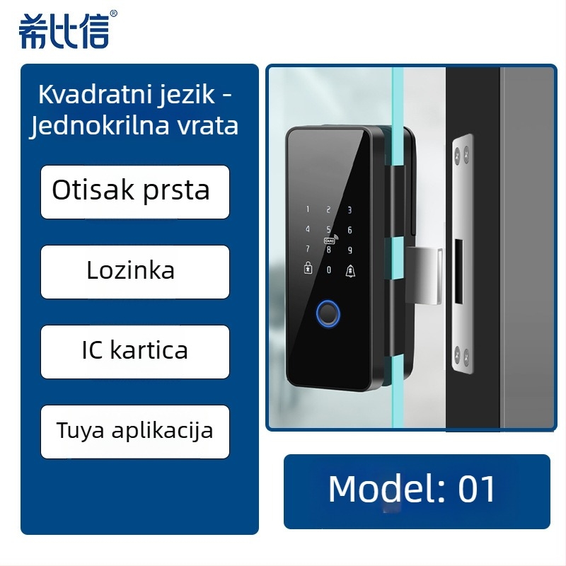 Staklena vrata pametna brava s otiskom prsta i lozinkom, model 01, kapacitet otisaka 100, vrijeme skeniranja <0,3 s, napajanje DC