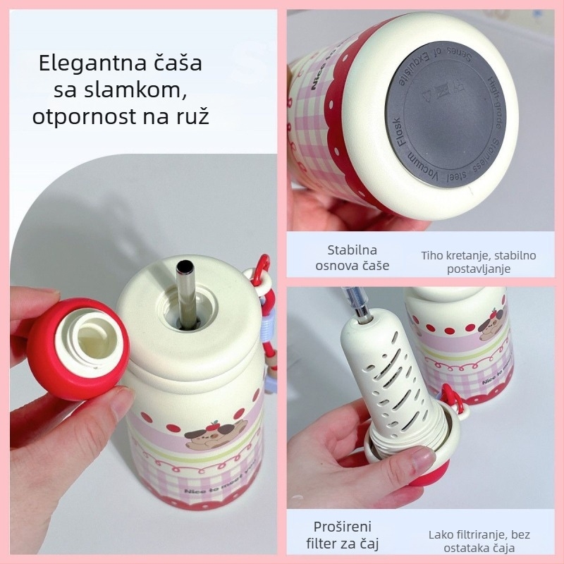 Izolirana šalica sa slamkom i čajem filterom – unutarnja 316 nehrđajući čelik, vanjska 304 nehrđajući čelik, izolacija 6–12 sati