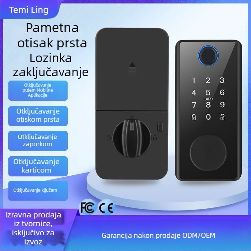 Temiling DS01 Pametni zaključavanje za drvena vrata – otisak prsta i lozinka, aluminijska legura; 100 otisaka, >500000 otključavanja, skeniranje 0,5 s, DC napajanje, lijevo-desno otvaranje