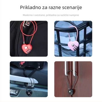 Mehanički kombinirani sigurnosni zasun u obliku srca od cinkove legure za torbe i kutije za pohranu; debljina zaključnog štapa 3 mm.