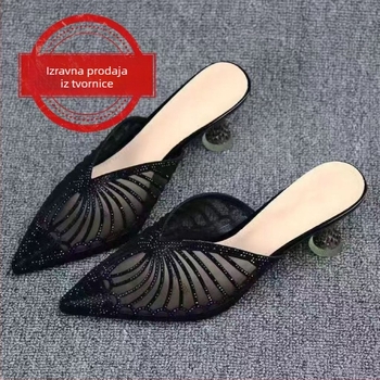 Ženske sandale s jednim remenom, otvoreni prsti, bez pete, s kristalima, niski klin