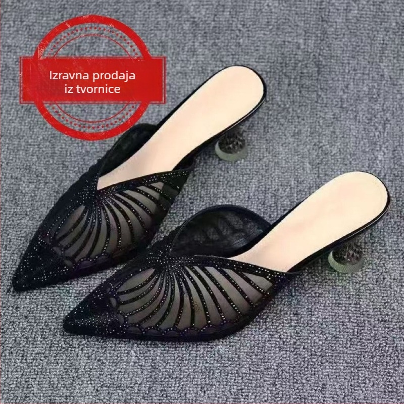 Ženske sandale s jednim remenom, otvoreni prsti, bez pete, s kristalima, niski klin