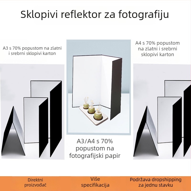 Pozadina od papira za fotografiju proizvoda sa sklopivim reflektorom, mat završna obrada (Brand: Gan Yun; Vrijeme izlaska na tržište: 2023; Tip: pozadinski papir; Materijal: papir; Namjena: fotografiranje proizvoda)