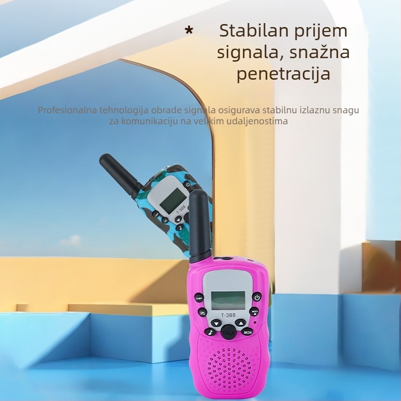 T388 Mini dječji walkie-talkie — Kompaktno, domet 1,5–3 km, 0,5 W izlazne snage, 8–22 kanala, Ni-MH baterija 300 mAh, protiv smetnji