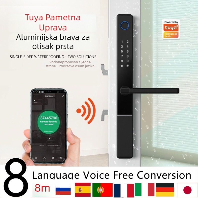 Pametni sigurnosni zasun na vrata s otiskom prsta, IC kartom, lozinkom i daljinskim otključavanjem; vanjska vodootpornost, pohranjeno 100 otisaka prsta, skeniranje <0,5 s, DC napajanje, do 500000 ciklusa