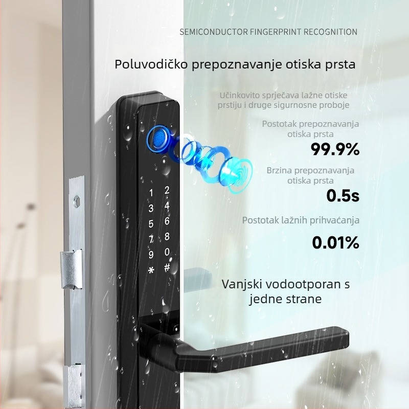 Pametni sigurnosni zasun na vrata s otiskom prsta, IC kartom, lozinkom i daljinskim otključavanjem; vanjska vodootpornost, pohranjeno 100 otisaka prsta, skeniranje <0,5 s, DC napajanje, do 500000 ciklusa