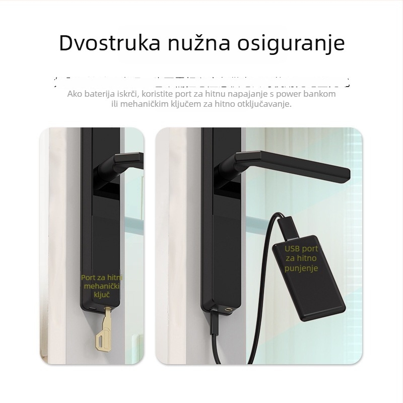 Pametni sigurnosni zasun na vrata s otiskom prsta, IC kartom, lozinkom i daljinskim otključavanjem; vanjska vodootpornost, pohranjeno 100 otisaka prsta, skeniranje <0,5 s, DC napajanje, do 500000 ciklusa