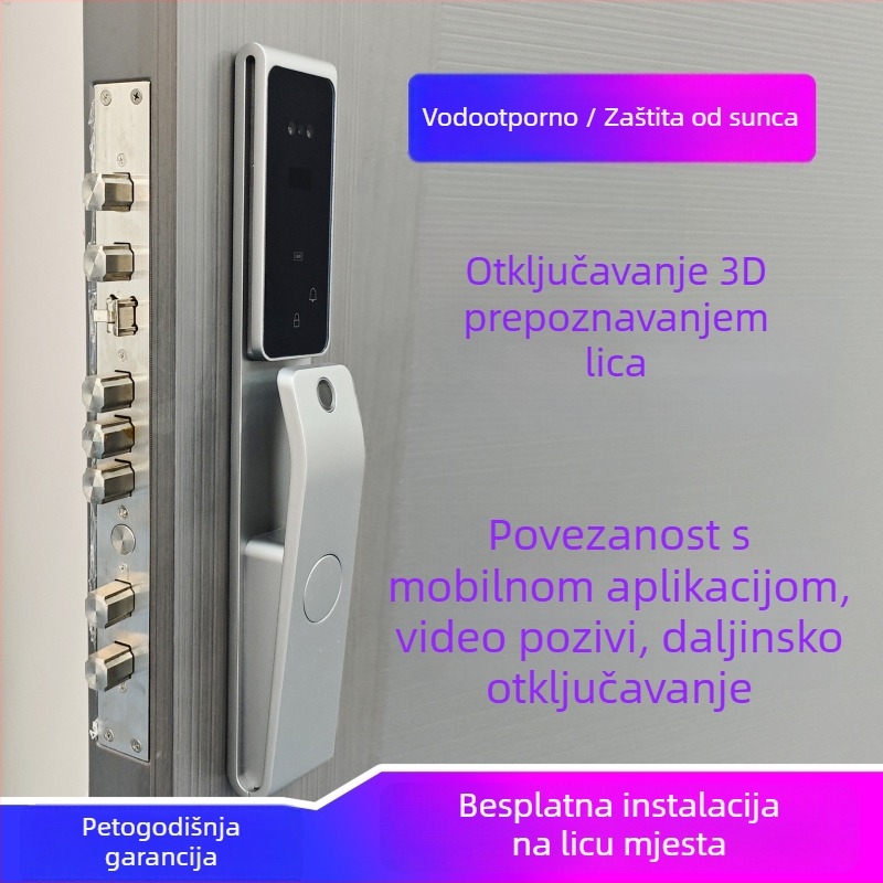 Pametna vodootporna brava za vrata s prepoznavanjem lica i otiskom prsta, model FD-03, 100 pohranjenih otisaka, do 3000 otključavanja, skeniranje manje od 0,3 s, pogodna za drvena vrata