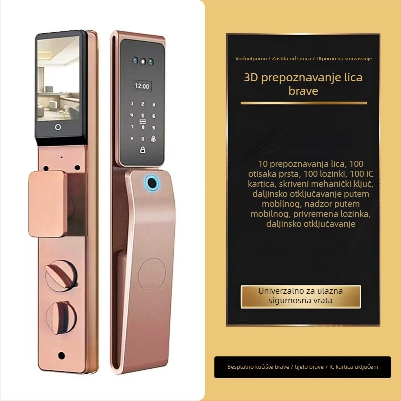 Pametna vodootporna brava za vrata s prepoznavanjem lica i otiskom prsta, model FD-03, 100 pohranjenih otisaka, do 3000 otključavanja, skeniranje manje od 0,3 s, pogodna za drvena vrata