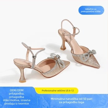 Ženske satinaste salonke s oštrim vrhom, potpetica u obliku potkove, traka sa kristalima, gumeni potplat