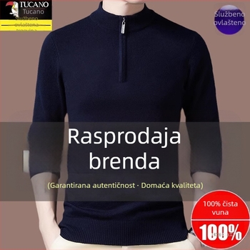Muški pleteni vuneni džemper s kapuljom, ravnog kroja, ovratnik sa zatvaračem na pola visine, dugi rukavi