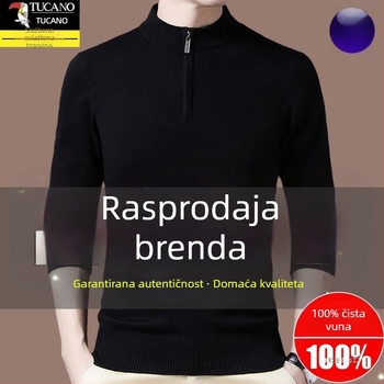 Muški pleteni vuneni džemper s kapuljom, ravnog kroja, ovratnik sa zatvaračem na pola visine, dugi rukavi