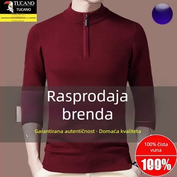 Muški pleteni vuneni džemper s kapuljom, ravnog kroja, ovratnik sa zatvaračem na pola visine, dugi rukavi