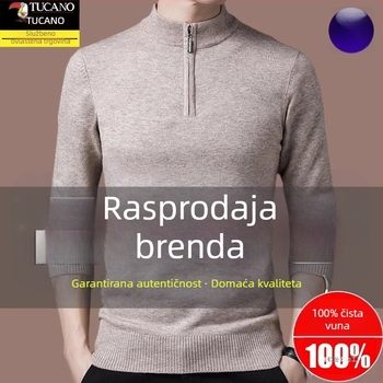 Muški pleteni vuneni džemper s kapuljom, ravnog kroja, ovratnik sa zatvaračem na pola visine, dugi rukavi