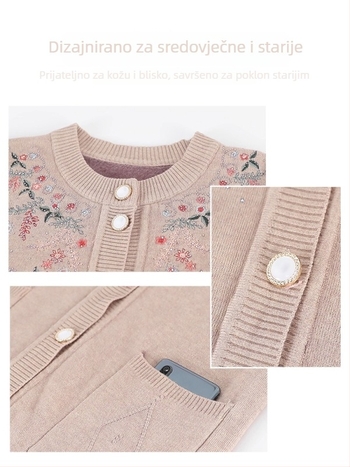 Ženski kardigan od pletenine, elegantan gradski stil; poliester >95%, floralni uzorak s biljkama, dugi rukavi, okrugli ovratnik, duljina 50–65 cm