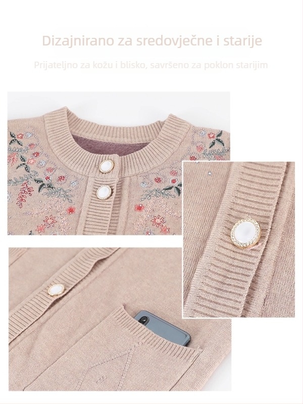 Ženski kardigan od pletenine, elegantan gradski stil; poliester >95%, floralni uzorak s biljkama, dugi rukavi, okrugli ovratnik, duljina 50–65 cm