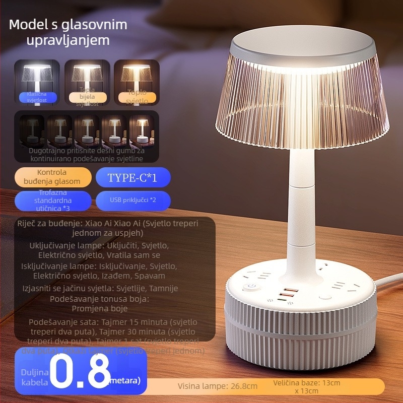 Noćna stolna lampa za spavaću sobu s glasovnim upravljanjem, plastični abažur, napajanje iz utičnice, CRI ≥95, napon ≤36V