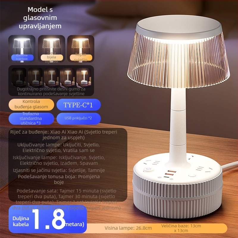 Noćna stolna lampa za spavaću sobu s glasovnim upravljanjem, plastični abažur, napajanje iz utičnice, CRI ≥95, napon ≤36V