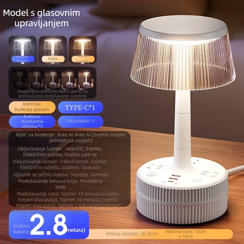 Noćna stolna lampa za spavaću sobu s glasovnim upravljanjem, plastični abažur, napajanje iz utičnice, CRI ≥95, napon ≤36V