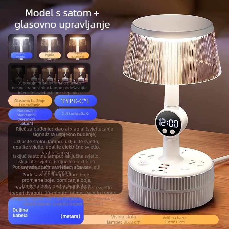 Noćna stolna lampa za spavaću sobu s glasovnim upravljanjem, plastični abažur, napajanje iz utičnice, CRI ≥95, napon ≤36V