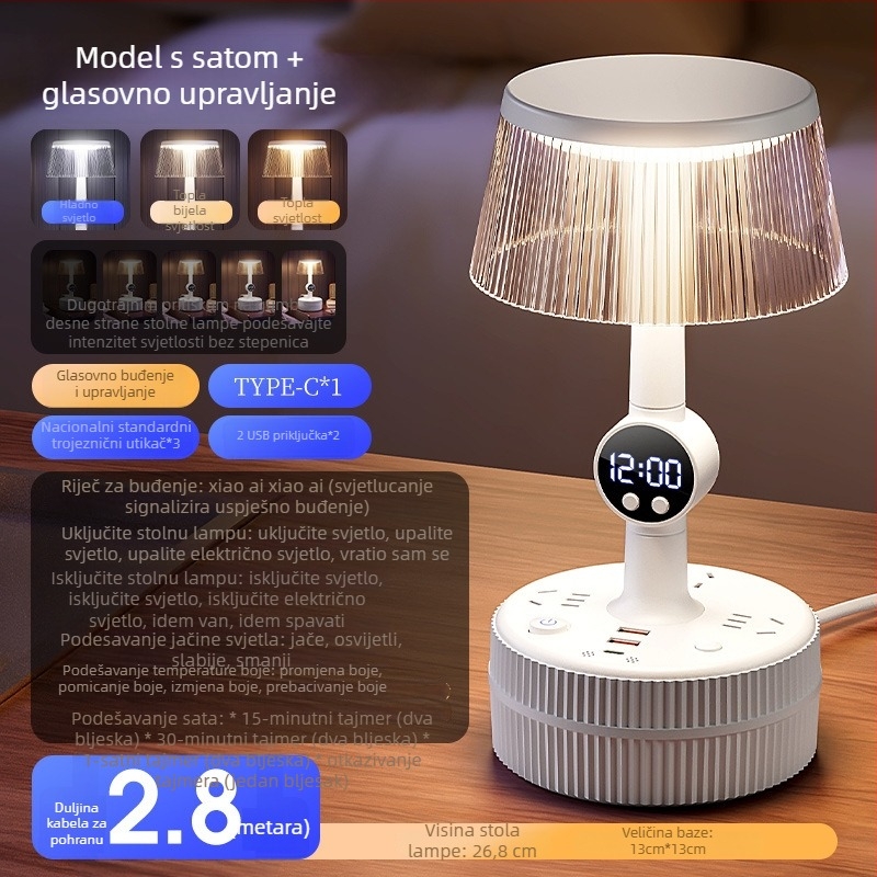 Noćna stolna lampa za spavaću sobu s glasovnim upravljanjem, plastični abažur, napajanje iz utičnice, CRI ≥95, napon ≤36V