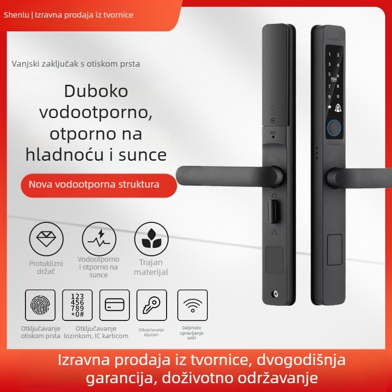 Deep Deer x7 Pametna brava za vanjska aluminijska vrata – pristup otiskom prsta, lozinkom i ključem; 50 pohranjenih otisaka prsta, >10.000 otvaranja, skeniranje <1 s, IPX65, -30°C do 80°C