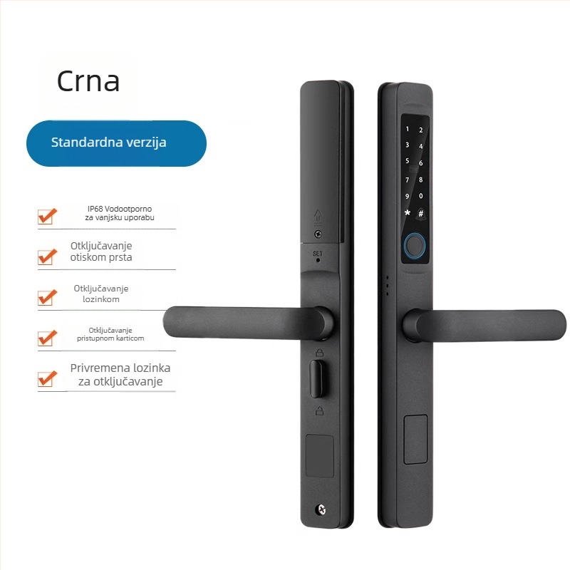 Deep Deer x7 Pametna brava za vanjska aluminijska vrata – pristup otiskom prsta, lozinkom i ključem; 50 pohranjenih otisaka prsta, >10.000 otvaranja, skeniranje <1 s, IPX65, -30°C do 80°C