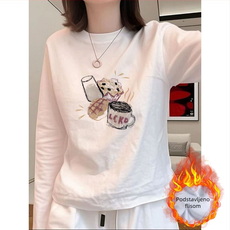 Ženski pamučni T-shirt s dugim rukavima, slobodan kroj, okrugli izrez, anime otisak, 95% pamuka