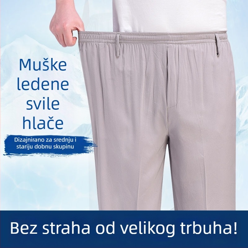 Muške ljetne casual hlače za starije muškarce, elastični pojas, visok struk, ravni kroj, lagana tkanina