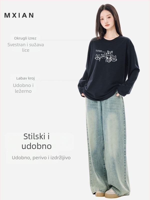Pamučna majica s dugim rukavom, okrugli vrat, široki kroj (95%+ pamuk)