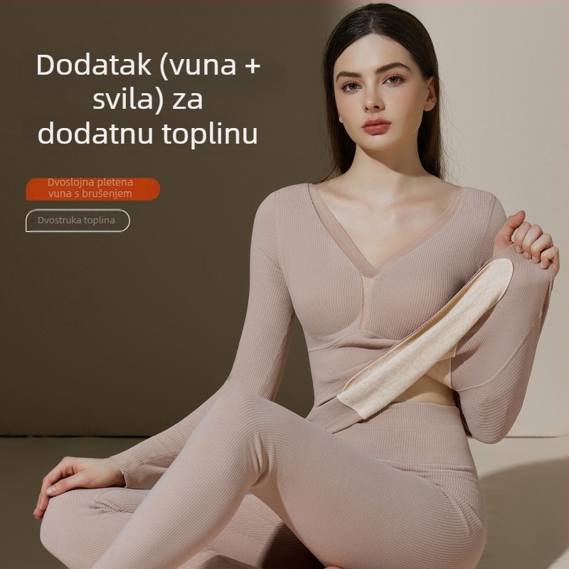 Tanak termo komplet donjeg rublja s jastučićima za grudi, top s dugim rukavima i hlače, toplinska baza od svile i vune za vanjsku upotrebu