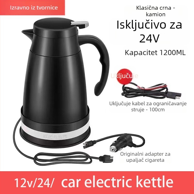 Automobilski električni čajnik, model QHZ-1200, 12V/24V, 120W/240W, nehrđajući čelik s PP, brzo zagrijavanje
