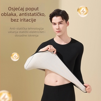 Termalni set donjeg rublja od vune i svile, unisex, s okruglim izrezom, top i hlače, jednovrstni, s vunenim zakrpama