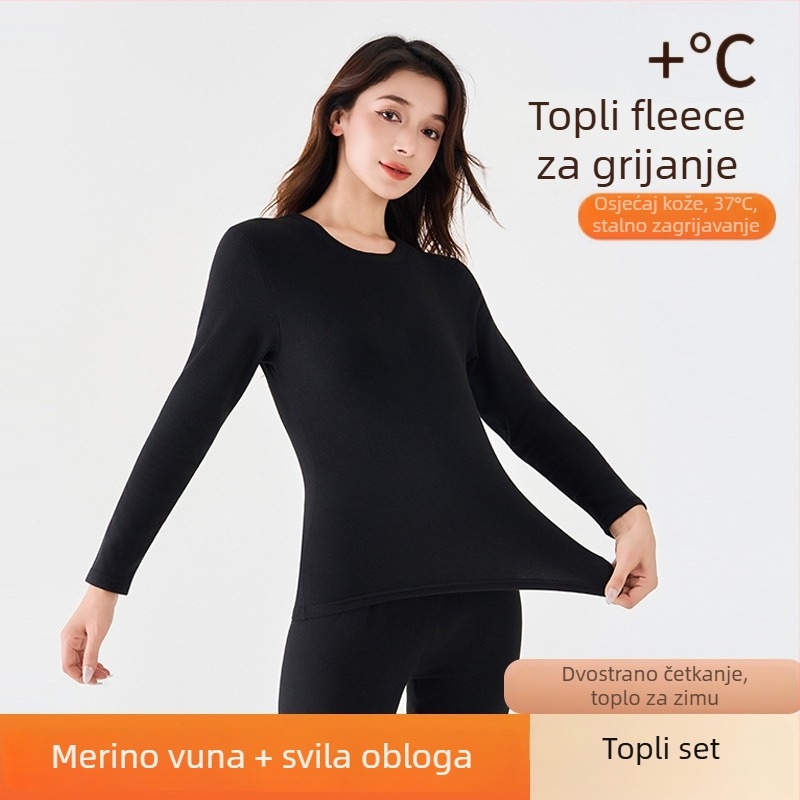 Termalni set donjeg rublja od vune i svile, unisex, s okruglim izrezom, top i hlače, jednovrstni, s vunenim zakrpama