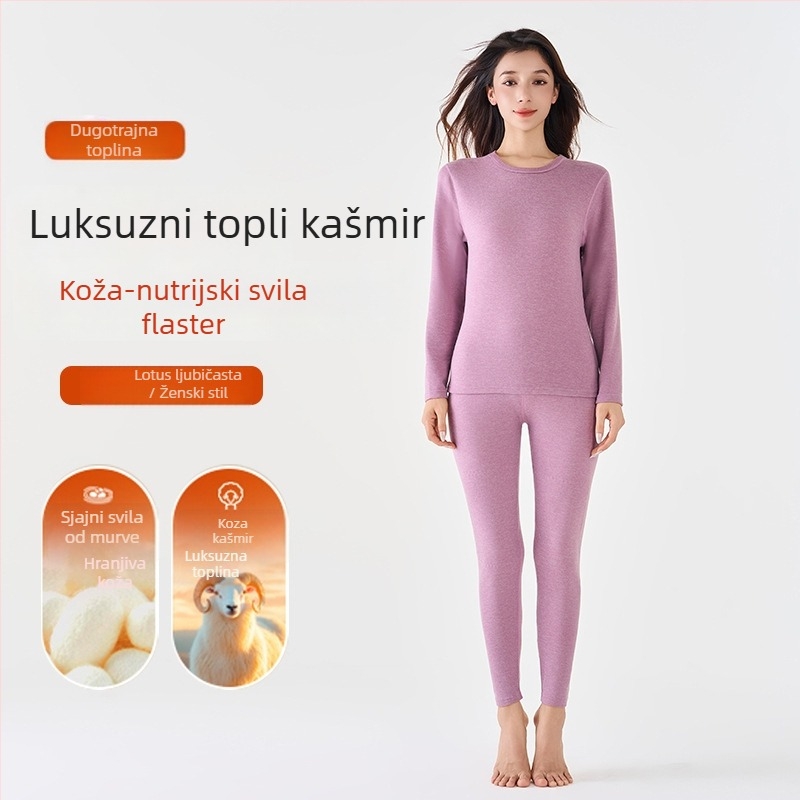 Termalni set donjeg rublja od vune i svile, unisex, s okruglim izrezom, top i hlače, jednovrstni, s vunenim zakrpama