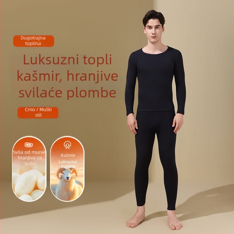 Termalni set donjeg rublja od vune i svile, unisex, s okruglim izrezom, top i hlače, jednovrstni, s vunenim zakrpama